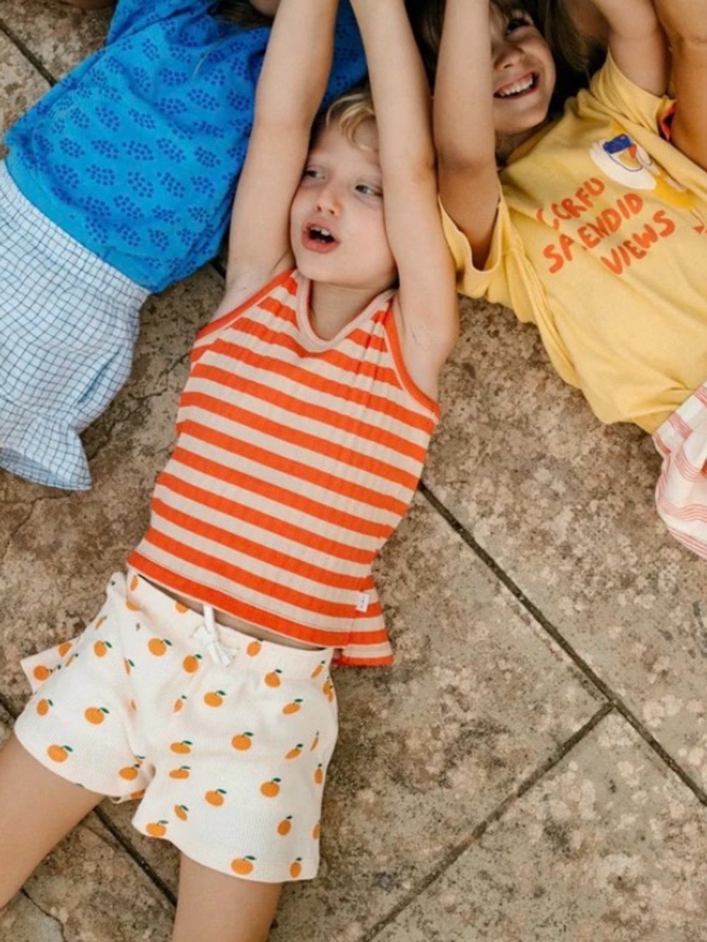 Cream Waffle-Knit Athletic Shorts with Orange Print by Tinycottons